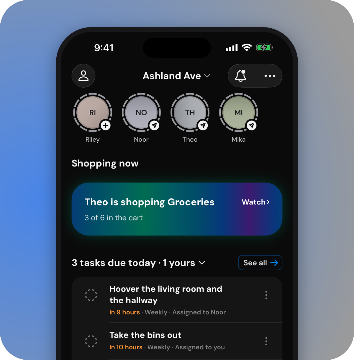 RoomAid Home: housemates, a shop in progress, and tasks due today
