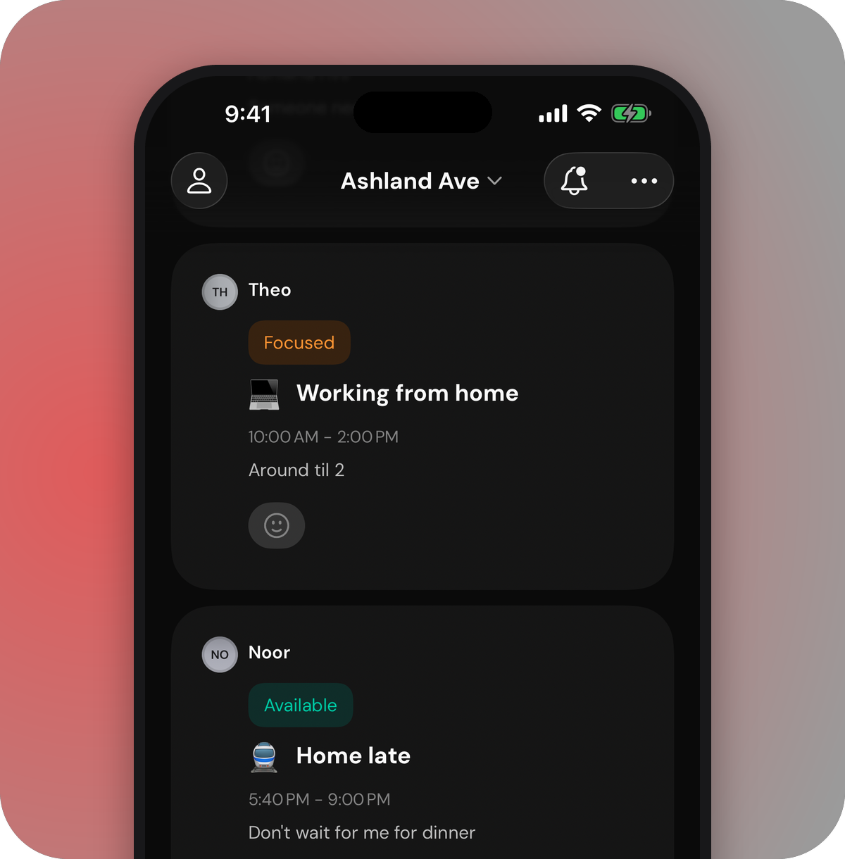 RoomAid statuses: Focused while working from home, Available and home late